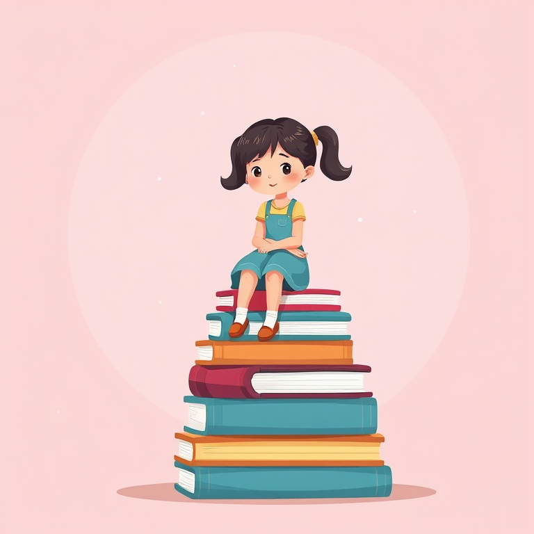 Regenerate an illustration of a girl sitting on a stack of colorful books, using a clean and simple design style, with a soft pink background, shot with a DSLR camera at f/2.8 aperture, 50mm lens, natural lighting, and shallow depth of field for a smooth blur effect.