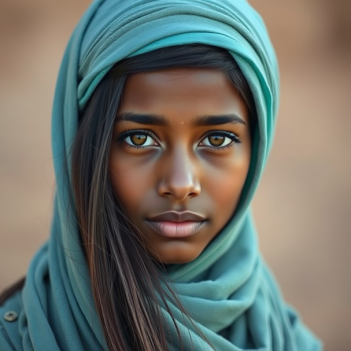 Create a portrait of a young Tuareg female with long, dark hair and captivating hazel eyes. She is wearing a cyan headscarf and a matching scarf draped gracefully around her neck. The background is softly blurred, focusing attention on her serene and natural expression. The overall color palette is muted and warm, enhancing the intimate and authentic feel of the portrait.