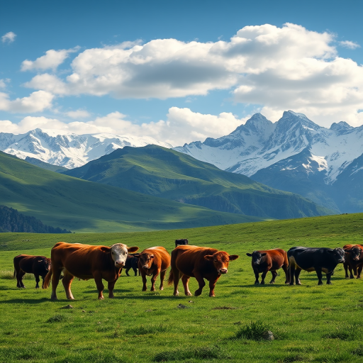 Capture a vibrant landscape of cows grazing on lush green pastures with dramatic snow-capped mountains in the background under a partly cloudy blue sky utilizing a Canon EOS R5, 24-70mm lens at f/8, ISO 100, 1/200s, wide-angle view for rich detail and color depth.