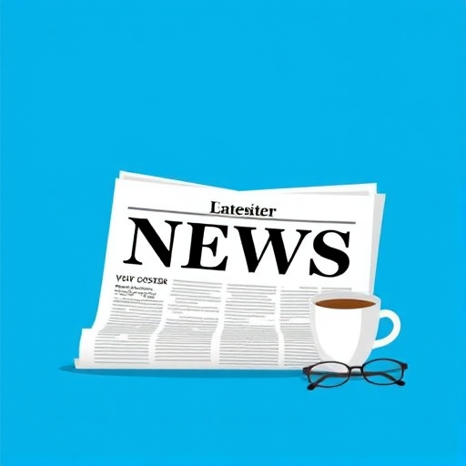 Create an illustration of a newspaper with the word "NEWS" prominently displayed, accompanied by a coffee cup and glasses, set against a bright blue background, using a 50mm lens, f/2.8 aperture, 1/100s shutter speed, and natural lighting for a clean, modern look.