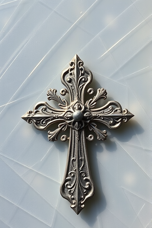 Create a high-resolution image of a silver ornate cross on a transparent background, using a Canon EOS R5 camera with an aperture of f/2.8, ISO 100, 50mm lens, top-down view, and soft natural lighting to enhance details and contrast.