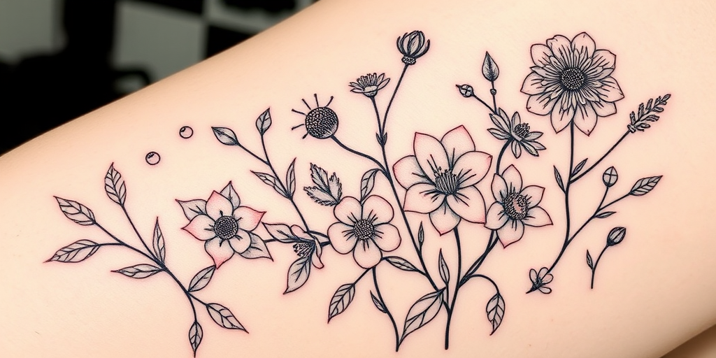 Botanical line art tattoo named "Delicate Flora" showcasing finely detailed flowers leaves and stems rendered in minimalist black lines with occasional pops of color for emphasis creating an elegant and understated design