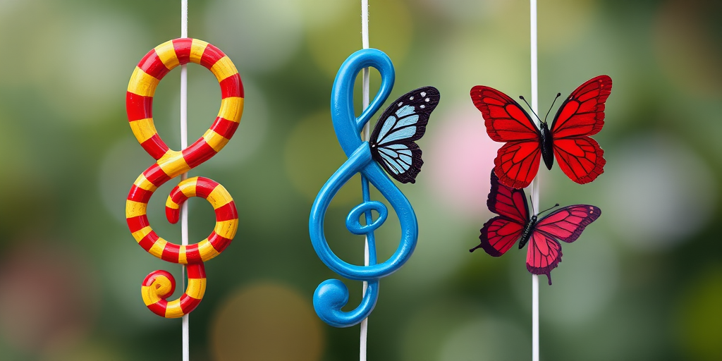 Create an image of three decorative treble clefs in vibrant colors: one with a red and yellow striped pattern, one in blue with a butterfly, and one in deep red with a butterfly, with a soft focus background, shot with a DSLR camera, 50mm lens, f/2.8 aperture, ISO 100, and natural lighting.
