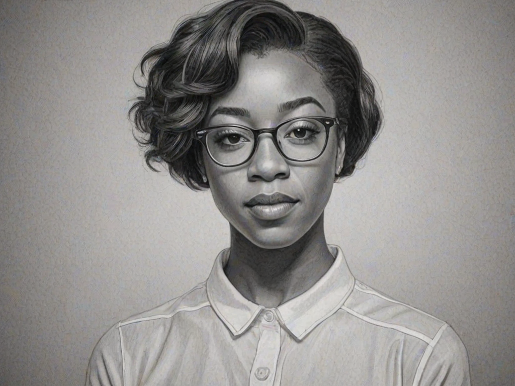 Attractive Samira Wiley, pencil sketch, portrait of Appealing woman 1971s in glasses, hair style beatnik, outline, clear lines, fine lines, 8k