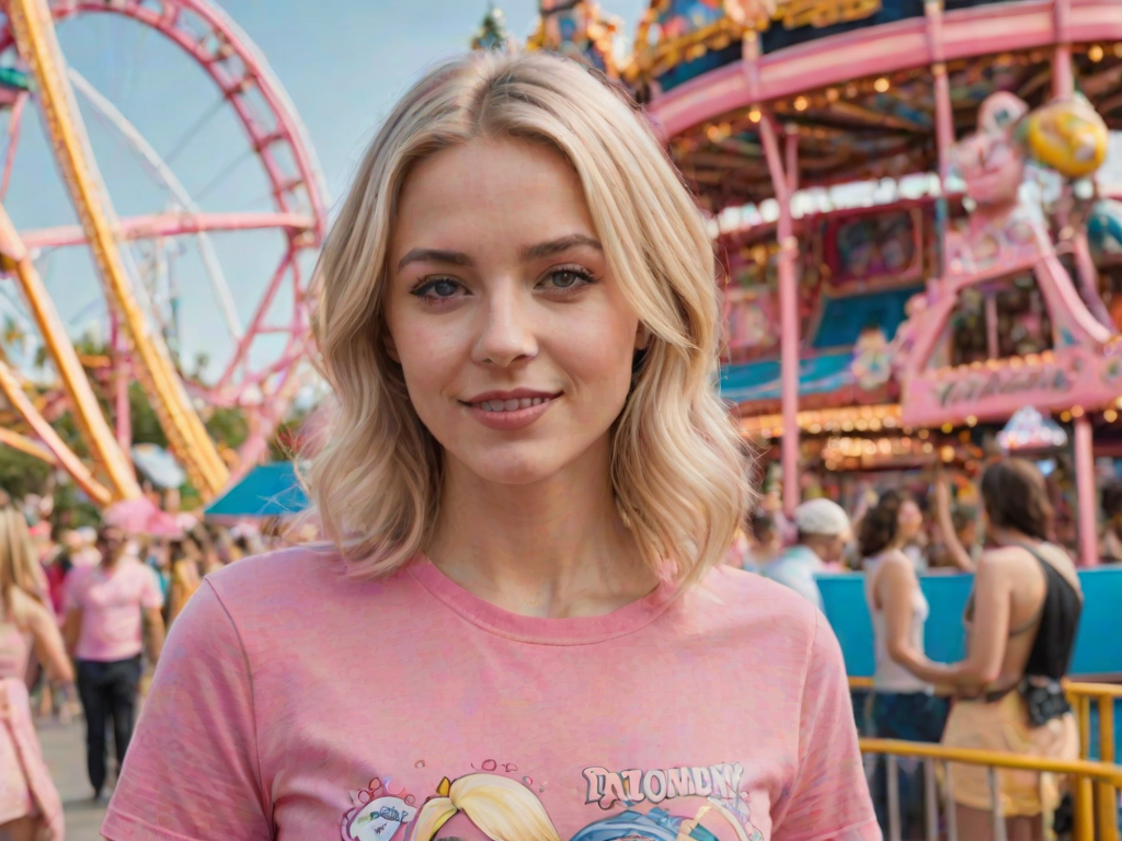 realistic image of a blonde woman, she is in an amusement park, she is wearing a pink shirt