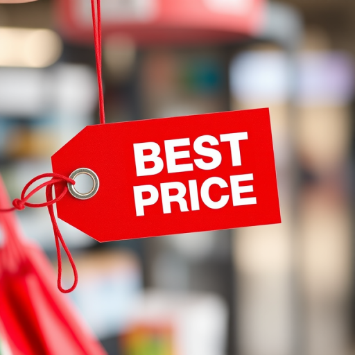 Create a high-resolution image of a red price tag with bold white text saying "BEST PRICE," using a DSLR camera with a 50mm lens, aperture set to f/2.8, focal length of 50mm, and natural lighting from the left for a three-dimensional effect.