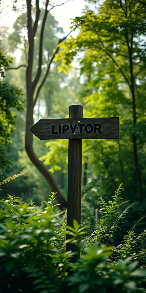 Regenerate the image of a signpost in a lush green forest, with vibrant foliage, using a DSLR camera, aperture f/2.8, ISO 100, 50mm lens, natural light, shallow depth of field, and a soft focus on the background for enhanced image quality.