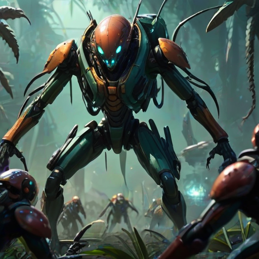 An intense scene where a heavily armored tarantula commando wields a futuristic minigun, spraying bullets in all directions. Nearby, a praying mantis in sleek, stealth armor holds twin energy daggers, poised to strike. Surrounding them are other insect warriors hornets with jetpacks and plasma rifles, and ants carrying heavy artillery. The battlefield is a massive, alien jungle with bioluminescent plants and strange creatures lurking in the shadows. The scene is a blend of chaotic action and tactical precision, with each insect commando positioned strategically in battle-ready stances, evoking a sense of organized warfare in a futuristic, alien setting