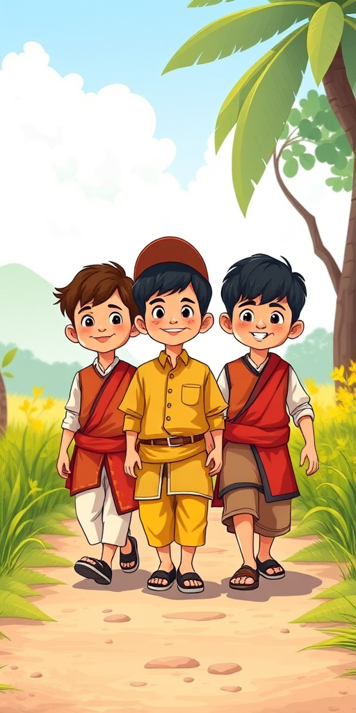 Create an illustration of three cartoon boys walking on a path, wearing traditional attire, one with a cap, bright colors, sunny day, cartoon style, 50mm lens, f/8 aperture, 1/200s shutter speed, natural lighting.