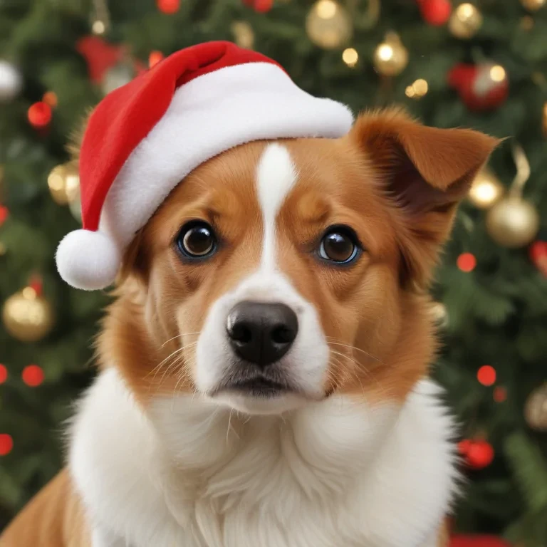 Adorable Dog Wearing a Santa Hat Surrounded by Christmas Decorations