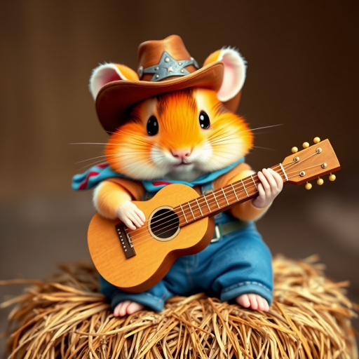 A chibi hamster, dressed as a cowboy, playing guitar, sitting on a hay bale