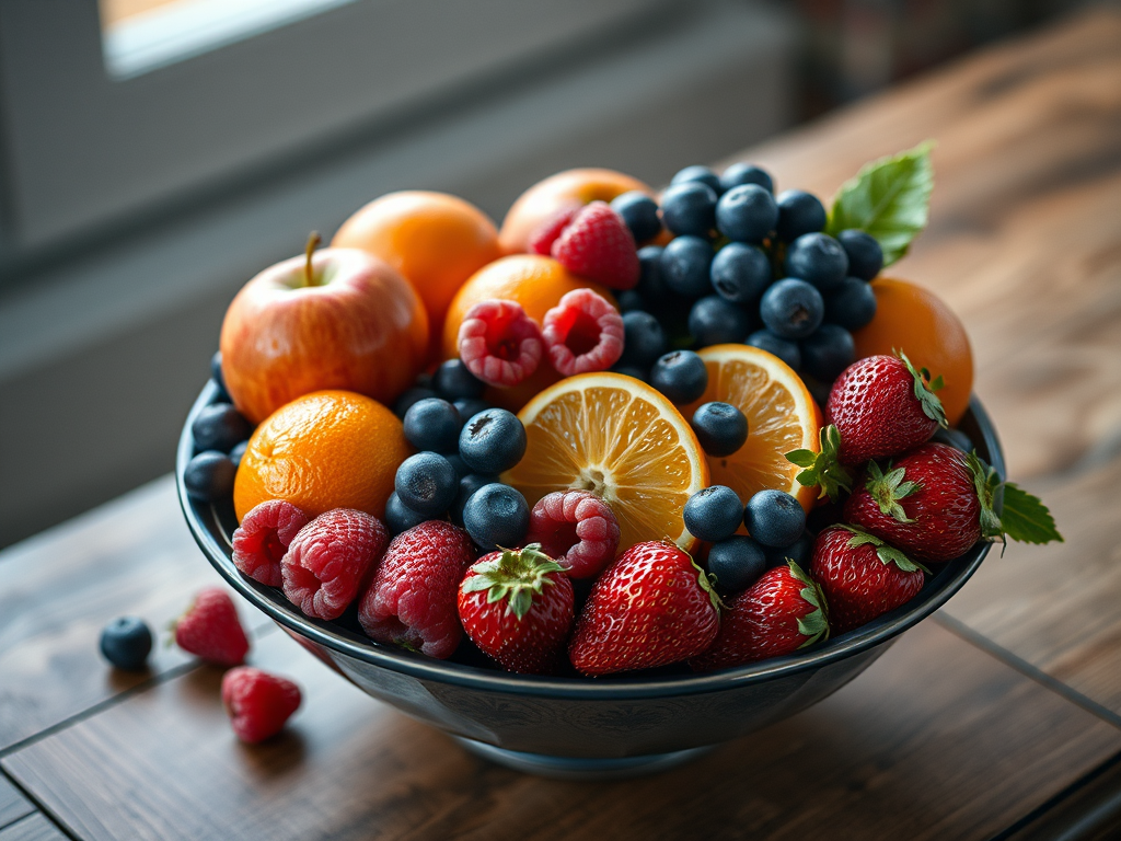 a bowl of assorted fruits including apples, oranges, raspberries, blueberries, grapes, and strawberries on a wooden table, soft natural lighting, shallow depth of field, captured with a DSLR camera, 50mm lens, f/2.8 aperture, ISO 200, 1/100 sec shutter speed, moody and rich colors