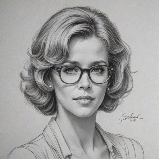Graceful Jane Fonda, pencil sketch, portrait of Lovely woman 1930s in glasses, hair style beatnik, outline, clear lines, fine lines, 8k