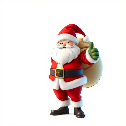 Create a cartoonish Santa Claus character with a large sack, standing and giving a thumbs up, with a bright white background, captured with a DSLR camera at f/2.8, 50mm focal length, ISO 100, natural lighting for enhanced image quality.