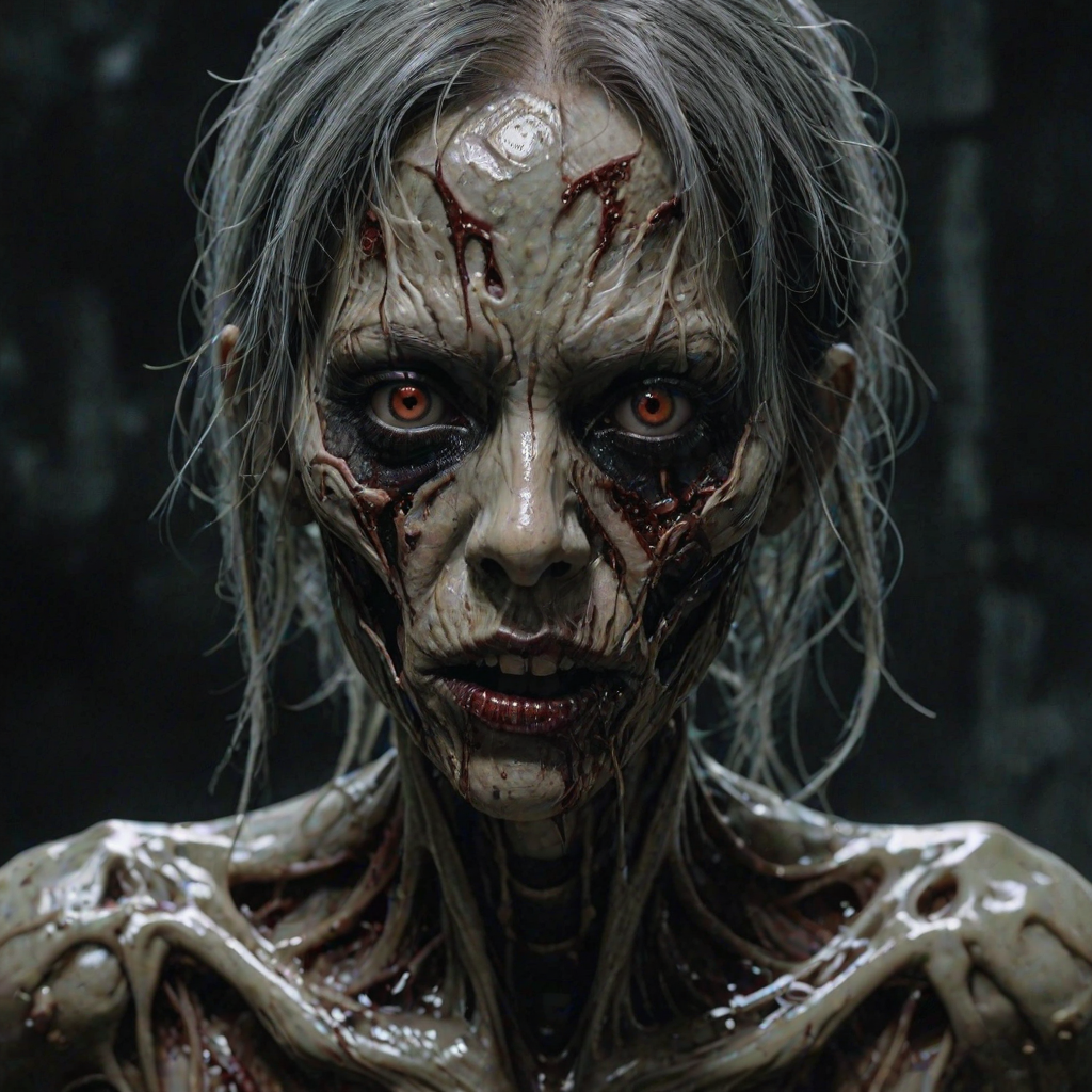 (perspective) of A creepy (ethnicity) zombie cyborg with (descriptive color) skin, (color) lipstick (color) liquid flowing from her eyes and mouth, (perspective two) portrait, (camera angle), extremely detailed, (art style) in the style of Yoshitaka Amano and Tetsuo Hara. --ar 85:128 --style raw --niji 6