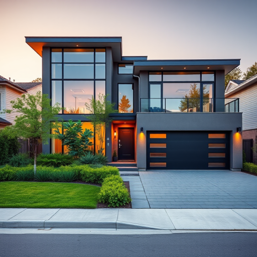 Generate a high-quality image of a modern two-story house with large glass windows, an elegant entrance, lush greenery in the front yard, and a stylish garage door, using a DSLR camera, aperture set to f/8, ISO 100, with a focal length of 24mm, taken during golden hour for natural lighting and a wide-angle view.