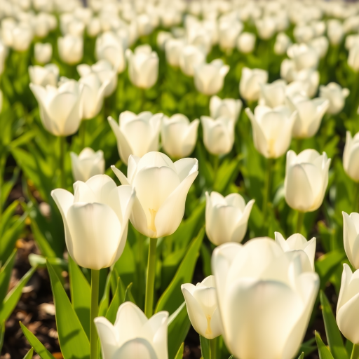 a field full of white tulips blooming in bright sunlight with green leaves surrounding them
