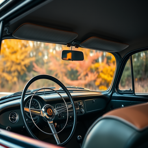 Capture the interior of a classic car with a focus on the dashboard and steering wheel, shot from the driver's perspective, with a 35mm lens, f/2.8 aperture, ISO 200, 1/125 sec exposure, with vibrant autumn foliage in the background and soft natural lighting.