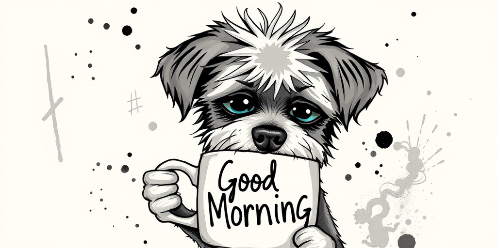 A quirky, artistic illustration of a disheveled peekapoo dog breed with exaggerated, large eyes and spiky fur, holding a coffee mug that reads "Good Morning". The dog has a tired but humorous expression, with ink splatters and abstract details surrounding it, giving a whimsical feel to the image. The color palette is mostly monochrome with hints of blue in the eyes and steam rising from the mug, enhancing the overall sleepy vibe