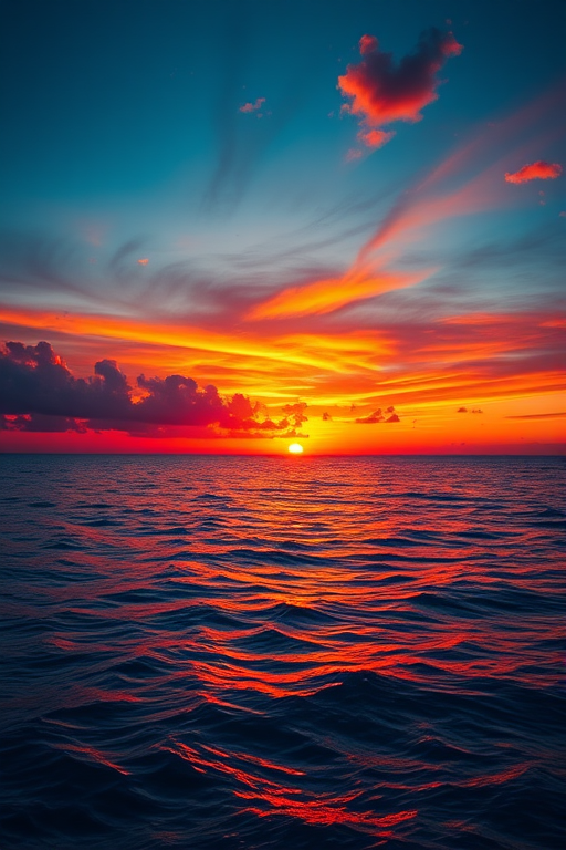 A vibrant sunset over the ocean with silhouette reflections on the water, taken with a Canon EOS R5, 24mm lens, f/11, ISO 100, in HDR style, wide-angle view.