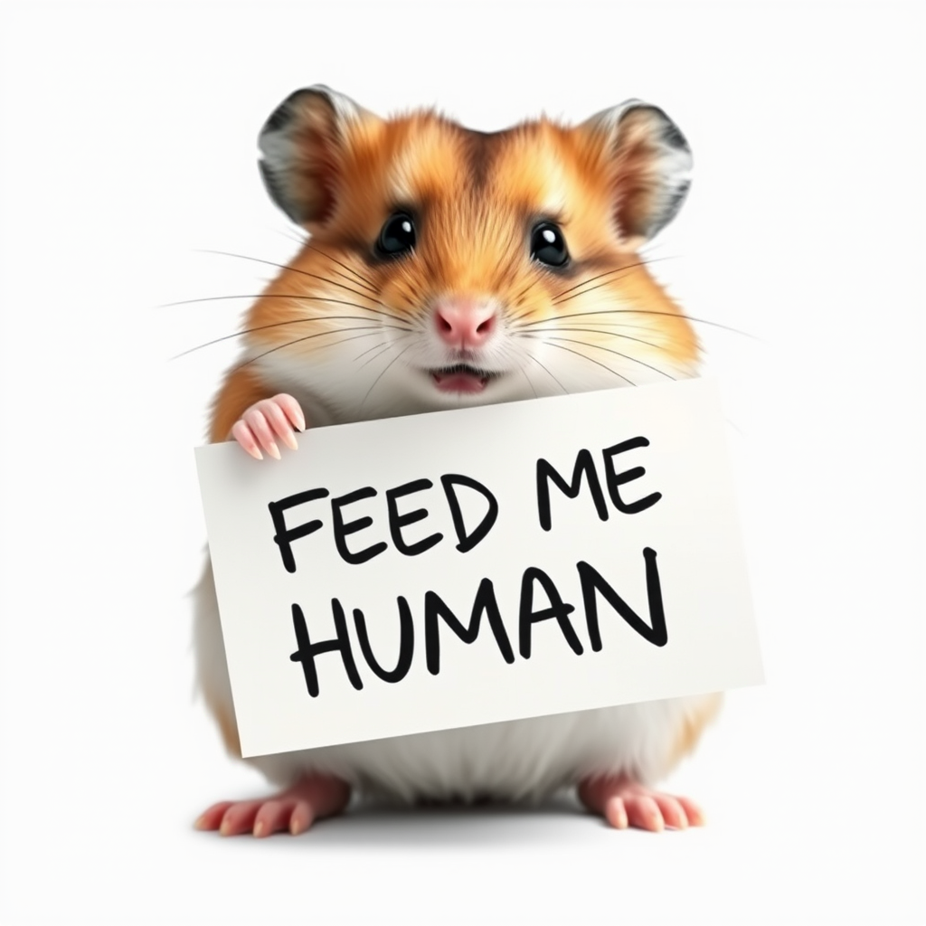 hamster holding a note which says "FEED ME HUMAN"
