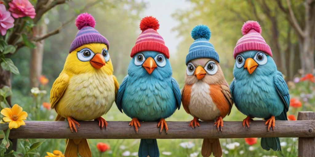 create a scene of 4 quirky  whimsical colourful comical birds each with a funny expression. they are sat on a wooden fence with colourful flowers. they are all different sizes. each one is a different colour  one is wearing a woolly hat. Each one has a different quirky google expression and there is a muted background of trees watercolour paintierly style high definition 8k resolution 3D paper mache