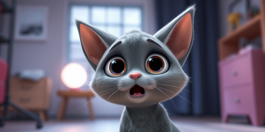 Create a cute animated character of a surprised gray cat with large expressive eyes, in a well-lit studio backdrop, using a DSLR camera with a 50mm lens at f/2.8, ISO 100, and a soft focus effect.