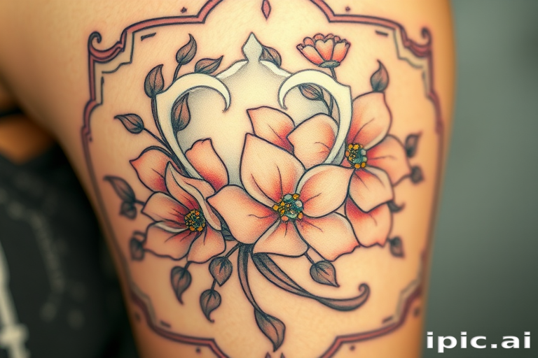 Art nouveau-inspired tattoo featuring elegant floral motifs and flowing lines, muted pastel color palette, ornate frame-like border, feminine and romantic aesthetic
