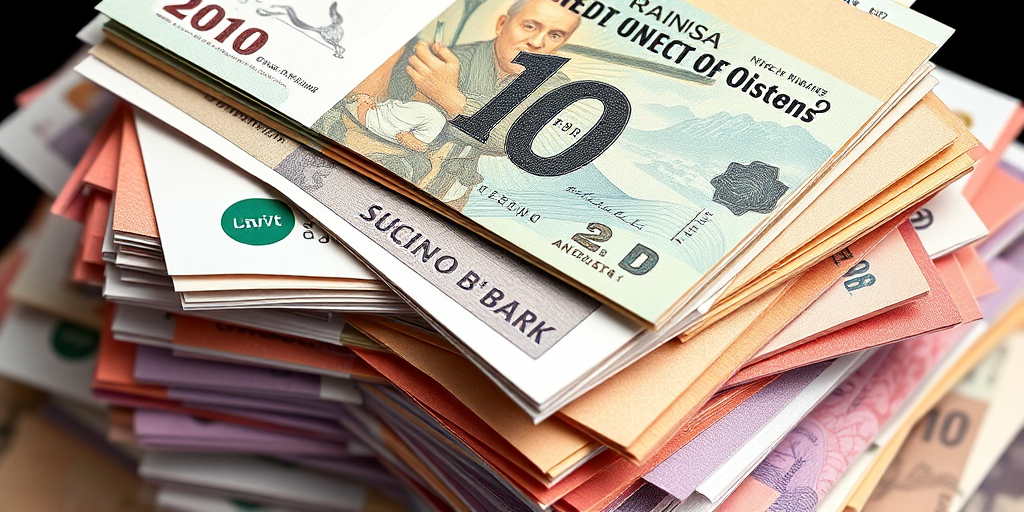 Generate a detailed, high-resolution illustration of a stack of colorful banknotes with a focus on the textures and colors, camera settings: aperture f/8, shutter speed 1/125s, ISO 200, camera view: overhead shot, camera style: realistic, camera type: digital SLR.