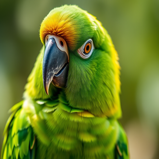 regenerate a high-resolution close-up image of a vibrant green parrot with a yellow crown, showing intricate feather details, using a DSLR camera with a 50mm lens at f/1.8, ISO 200, and a shallow depth of field, capturing natural light for enhanced color saturation