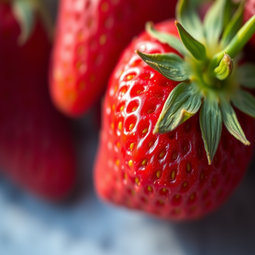 High-resolution close-up of a ripe strawberry with vibrant colors and detailed texture, shot with a Canon EOS R5 at f/2.8, ISO 100, 50mm lens, natural light, with a shallow depth of field for a dreamy background effect.