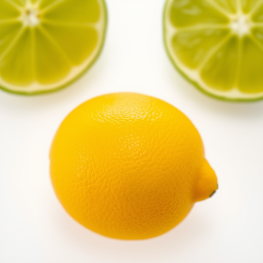 Create a high-resolution image of a bright yellow lemon surrounded by two green lime halves on a white background, captured with a Canon EOS R5 at f/2.8, ISO 100, 1/200s, with a shallow depth of field for a soft background blur.