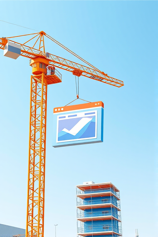 Create a digital illustration of a construction crane lifting a web browser window with a modern flat design, using high saturation colors and a minimalistic background, captured with a Canon EOS R5, 50mm lens, f/1.8 aperture, ISO 100, 1/200 sec shutter speed, in a bright daylight setting.