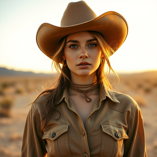 Dramatic photo of a beautiful Georgian woman, classic cowboy attire, confident and free spirit expression, half-length portrait, centered, golden hour desert landscape, warm, diffused light, low angle, medium format film camera, in style of Annie Leibovitz.