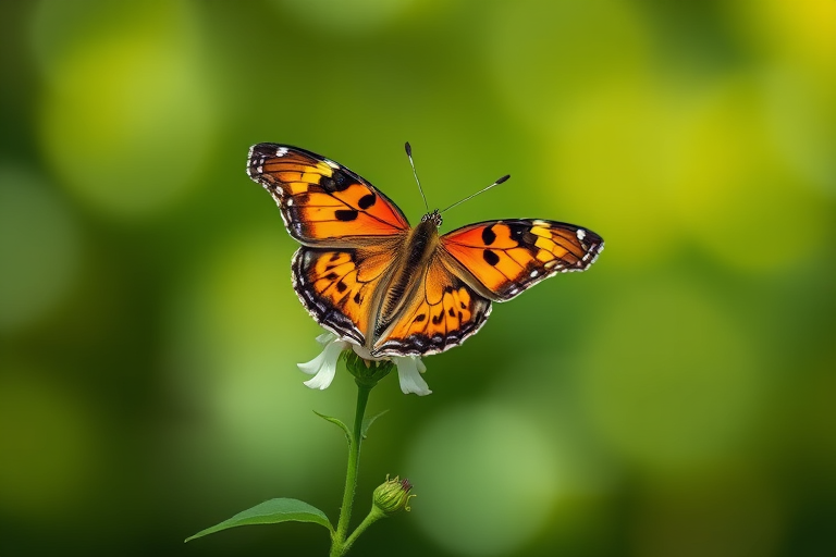 Create an image of a butterfly perched delicately on a flower, with a soft, blurred green background that conveys a sense of tranquility and nature. The butterfly should have vibrant orange and black wings, showcasing intricate patterns, while the flower should be small and white, adding contrast to the scene.