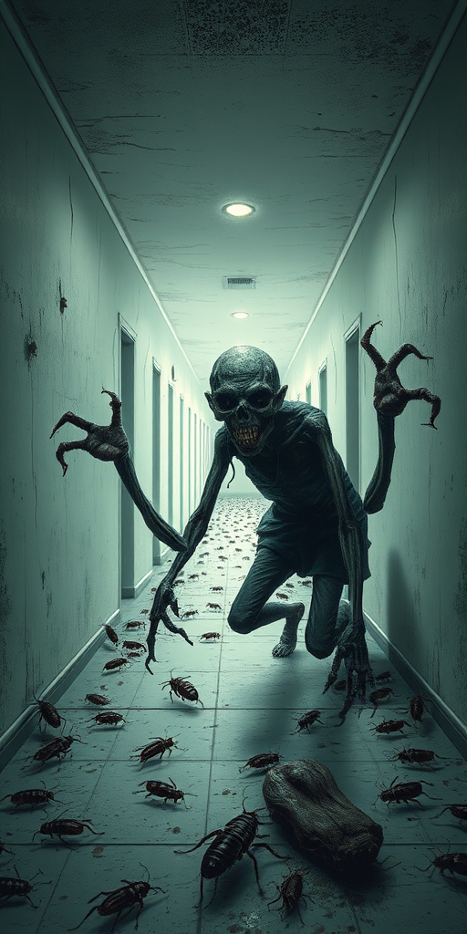 a crooked male with long arms and a creepy smile is crawling along a long white corridor and you can also see cockroaches in it there is a creepy atmosphere creepy art style