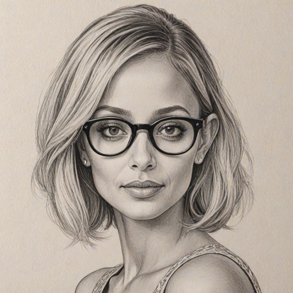 Alluring Nicole Richie, pencil sketch, portrait of Radiant woman 1950s in glasses, hair style beatnik, outline, clear lines, fine lines, 8k