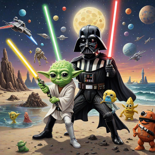 Create a parody of the Star Wars poster with SpongeBob as Luke Skywalker, holding a glowing spatula like a lightsaber. Patrick Star takes the role of Han Solo, holding a blaster, while Squidward is Obi-Wan Kenobi, draped in robes. In the background, Plankton appears as Darth Vader, with Bikini Bottom’s landmarks reimagined as spaceships and planets. The iconic Star Wars logo is swapped for "Sponge Wars," creating a playful, sci-fi adventure scene.