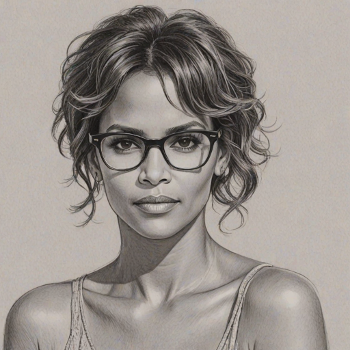 Dazzling Halle Berry, pencil sketch, portrait of Delightful woman 1958s in glasses, hair style beatnik, outline, clear lines, fine lines, 8k