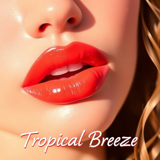 Vibrant coral sunset lips with a glossy finish, named "Tropical Breeze," featuring a subtle ombre effect and a hint of shimmer for a sun-kissed glow