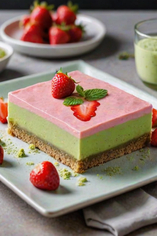 Create an image of a rectangular dessert with a light green base layered with a pink topping. The surface should be smooth and decorated with chopped red strawberries on top. The dessert should be cut into square pieces, with a portion already removed to reveal the layers. There should be a sprinkle of green matcha powder on top for decoration.