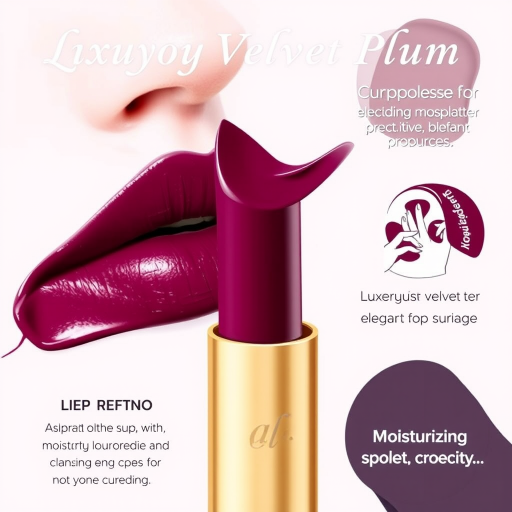Luxurious Velvet Plum lip color offering a rich, deep tone, creamy application, and moisturizing ingredients, suitable for sophisticated and elegant appearances