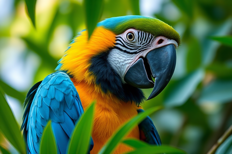 Capture a close-up of a vibrant blue and yellow macaw perched among green leaves, using a Canon EOS R5 with a 85mm f/1.2 lens, aperture set to f/2.8, ISO 200, shutter speed 1/250s, with natural light for enhanced color saturation and detail.