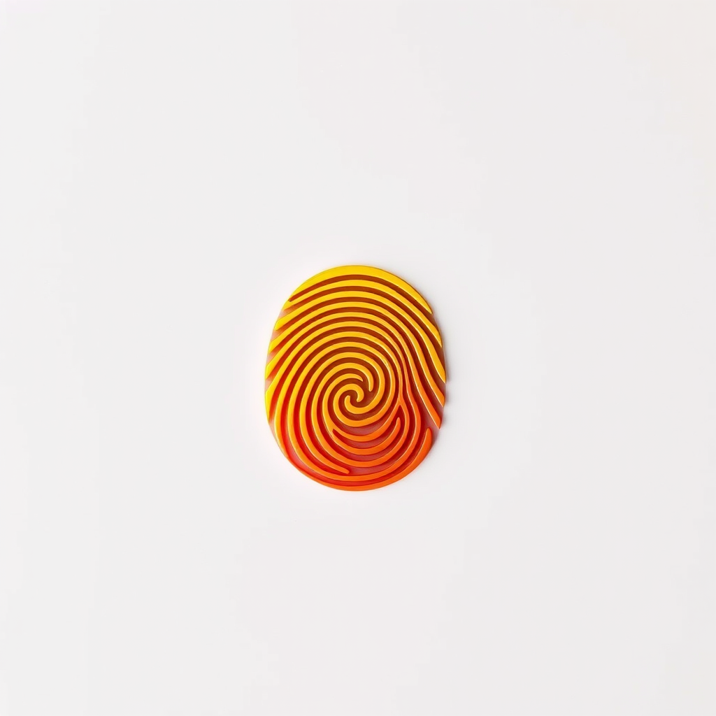 high-resolution fingerprint icon with a gradient from yellow to orange on a white background, captured with a Canon EOS R5 at f/2.8, ISO 100, 50mm lens, top-down view, soft lighting, minimalistic design