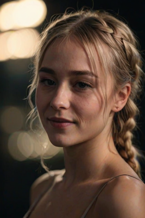 cinematic film still shot of 1woman,   perfect  body,  braids hair with bangs , blonde, , delicate  smile,  one eye closed, close shot, dark background, bokeh, vibrant,  dim light, dutch angle,
