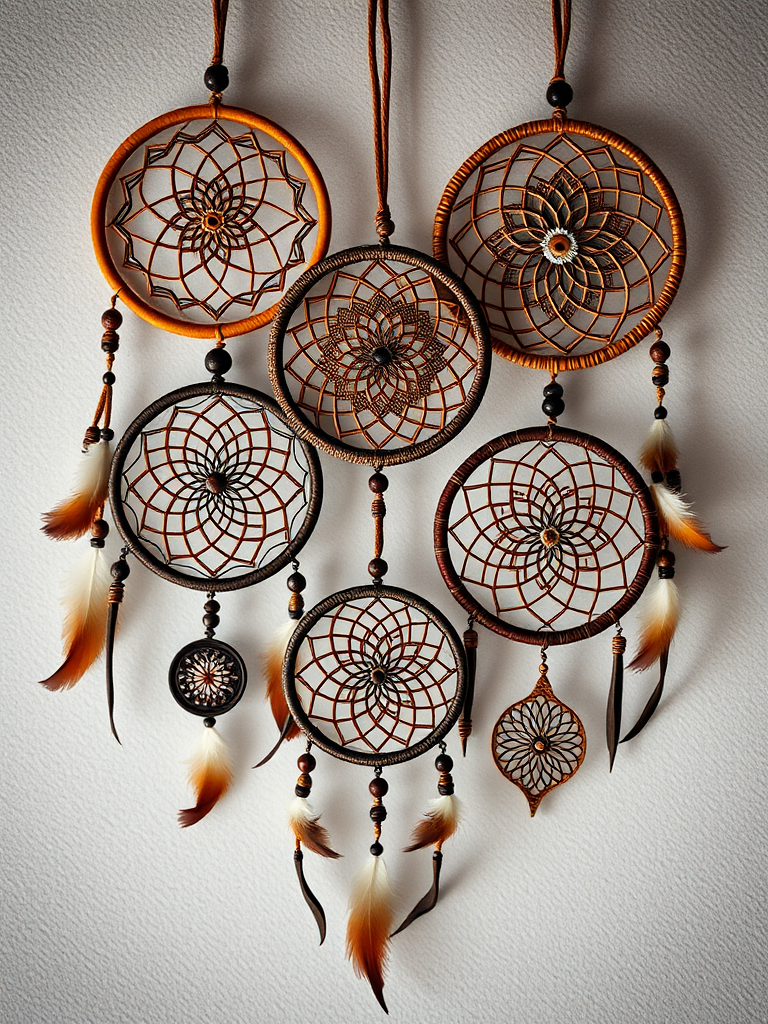Create an enhanced image of four intricately designed dreamcatchers with intricate details and feather accents, captured with a DSLR camera at f/1.8 aperture, 50mm lens, ISO 100, taken from a top-down view in natural soft lighting.