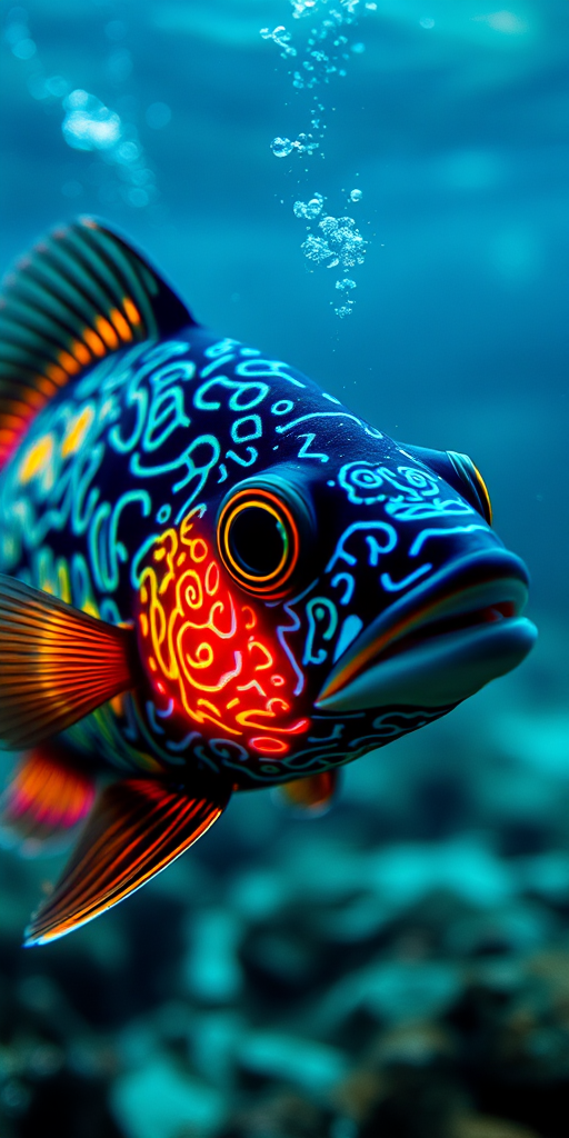 Underwater scene featuring a bioluminescent fish with intricate patterns and vibrant colors, 50mm lens, f/1.8 aperture, ISO 200, shot at 1/200 sec, using a DSLR camera with a macro style.