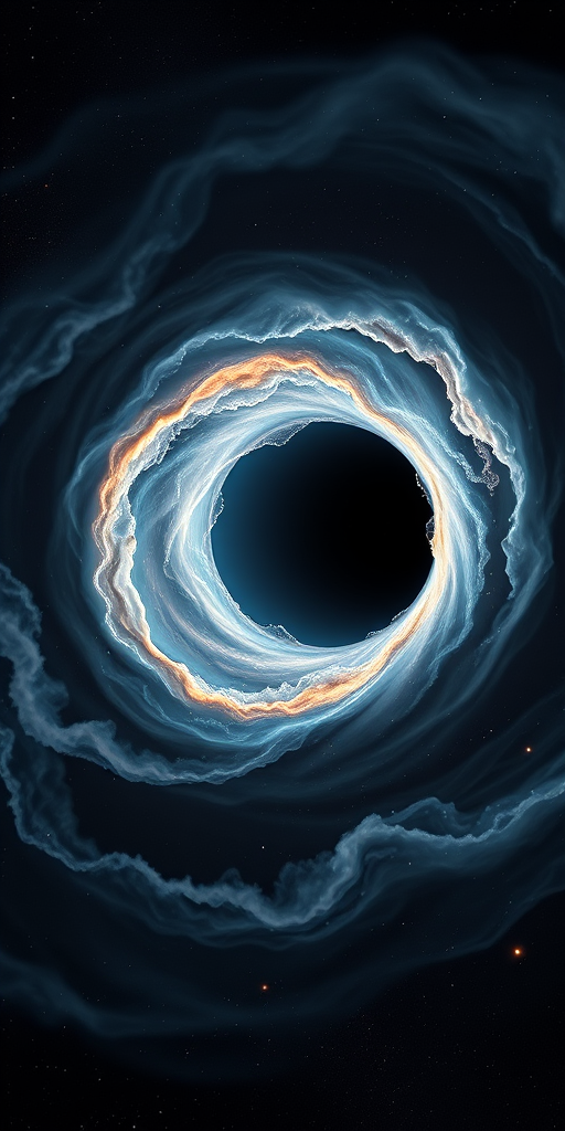 Create a vivid and detailed image of a black hole in space with spiraling gas and cosmic dust, using a Canon EOS R5, ISO 100, f/8 aperture, 30 seconds exposure, 24mm wide-angle lens, astrophotography style.