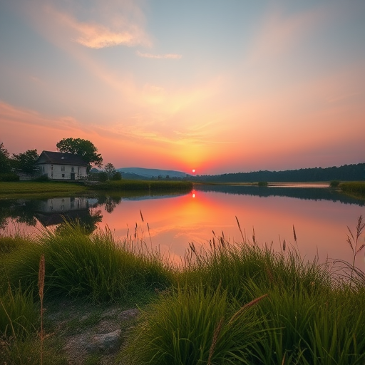 Create an image of a serene landscape at sunrise with soft pastel colors in the sky, featuring a calm lake reflecting the scenery, shot using a Canon EOS R5 with a 24-70mm f/2.8 lens, aperture set to f/8, shutter speed 1/125s, ISO 100, at a low angle perspective for dynamic depth.