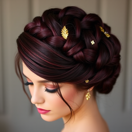 Deep burgundy crown braid updo, intricately woven by "Regal Roots" stylists, featuring a thick, rope-like braid encircling the head like a crown, adorned with delicate gold leaf accents and wispy tendrils framing the face, exuding an air of elegance and regality.